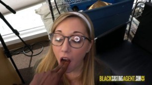 This naughty blonde teen loves to suck and fuck black cocks at work.
