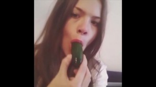 Cute Girl Swallows whole Cucumber Deep Throat