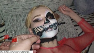 Halloween teen girl fucked in asshole with long anal beads.