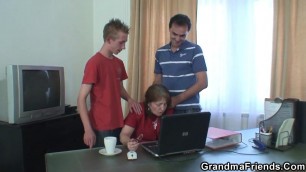 Granny and boys teen threesome in the office