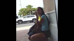 Candid voyeur busted by hot teen in shorts