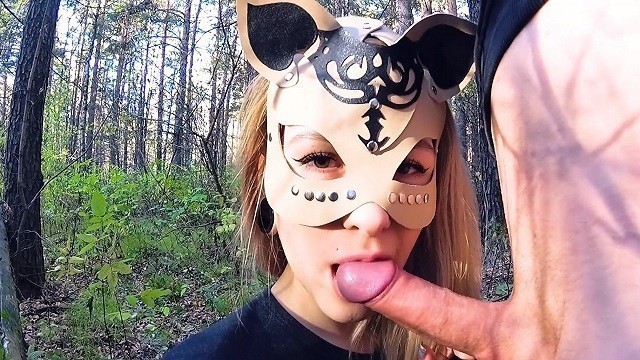 Pretty schoolgirl masturbates and sucks dick in the forest - public blowjob