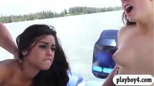 Sexy college teens foursome on speedboat
