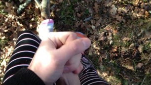 Dude wanking in the woods in his striped socks, nice cumshot