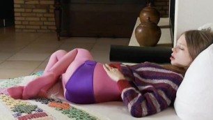 Drunk teenie in purple nylon pantyhose